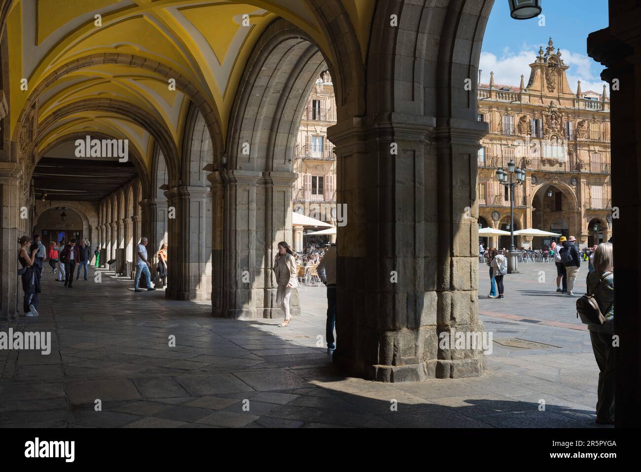 Salamanca arcade, view from the arcade beneath the town hall in the Plaza Mayor looking towards the sublime Baroque east side of the square, Spain Stock Photo