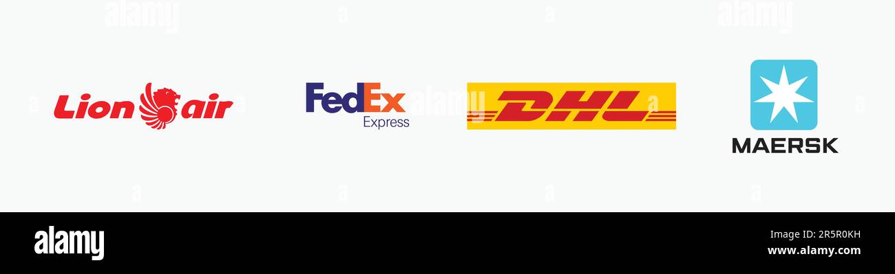 DHL logo, LION AIR logo, FEDEX EXPRESS Logo, MAERSK Logo, Editorial vector logo on white paper. Stock Vector