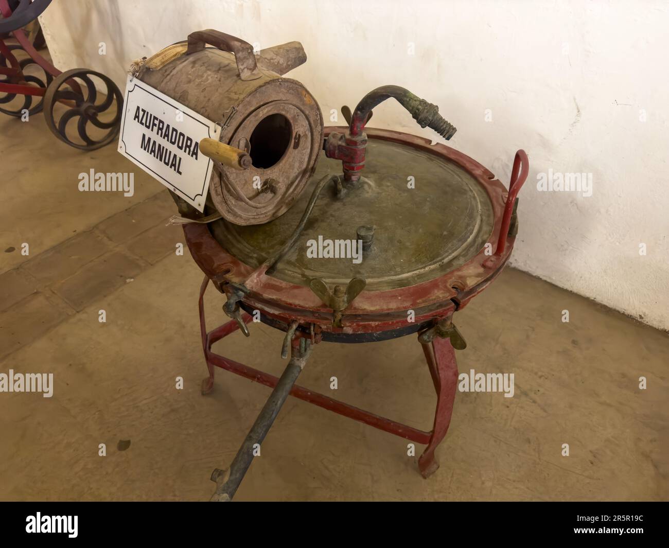 An vintage manual sulfator for applying sulfate to the grape vines in a vineyard.  La Abeja Winery, San Rafael, Mendoza, Argentina. Stock Photo
