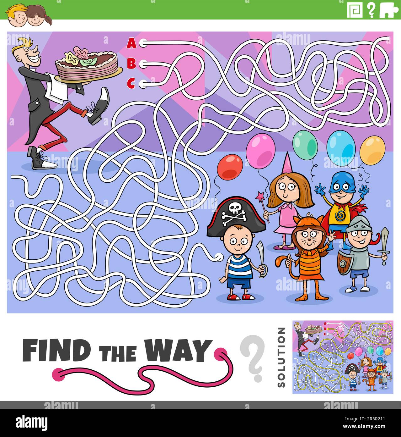 Cartoon illustration of find the way maze puzzle game with a waiter