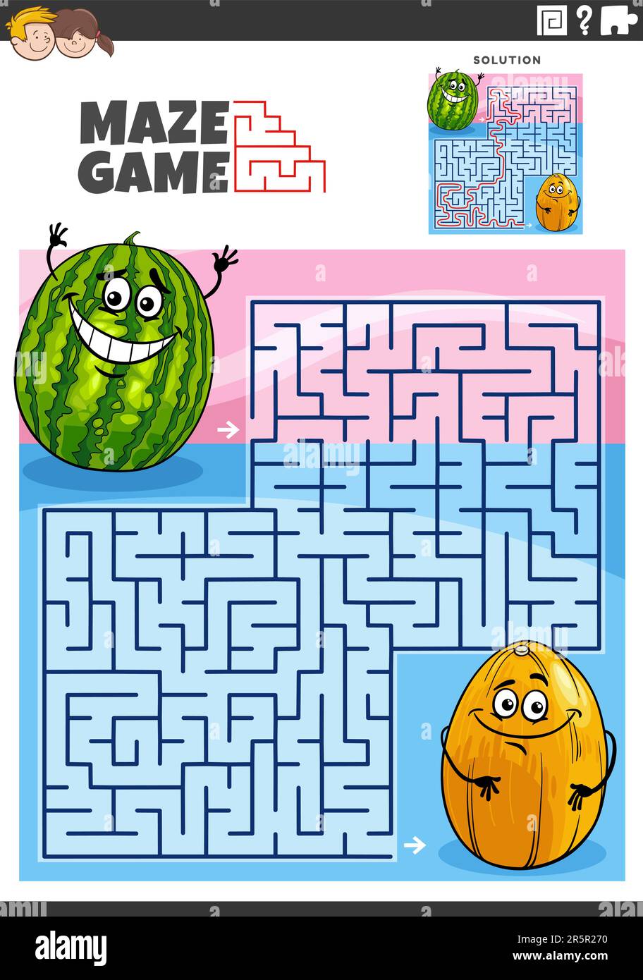 Cartoon illustration of educational maze puzzle activity with funny watermelon and yellow melon characters Stock Vector