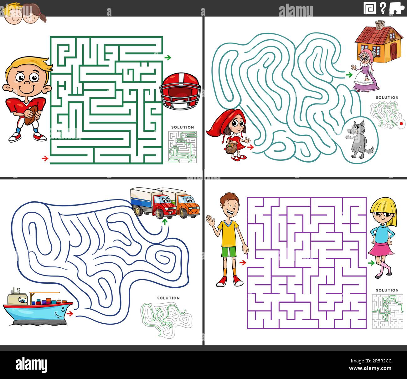 Cartoon illustration of educational maze puzzle games set with comic characters Stock Vector