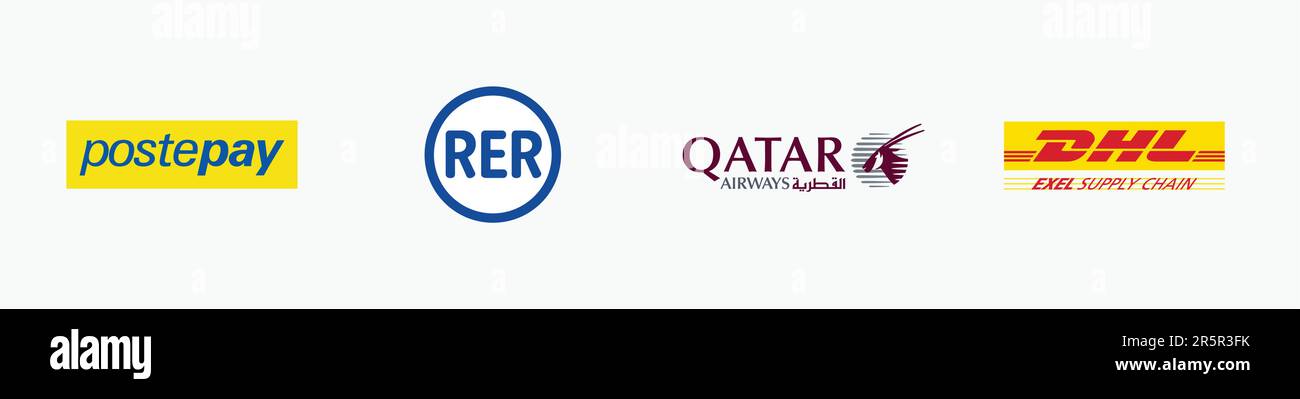 DHL EXEL SUPPLY CHAIN logo, QATAR AIRWAYS logo, POSTEPAY Logo, RER Logo, Editorial vector logo on white paper. Stock Vector