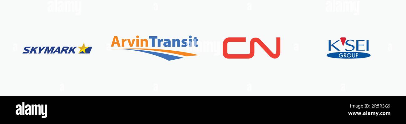 SKYMARK AIRLINES logo, ARVIN TRANSIT logo, KEISEI GROUP Logo, CN RAILWAY Logo, Editorial vector logo on white paper. Stock Vector