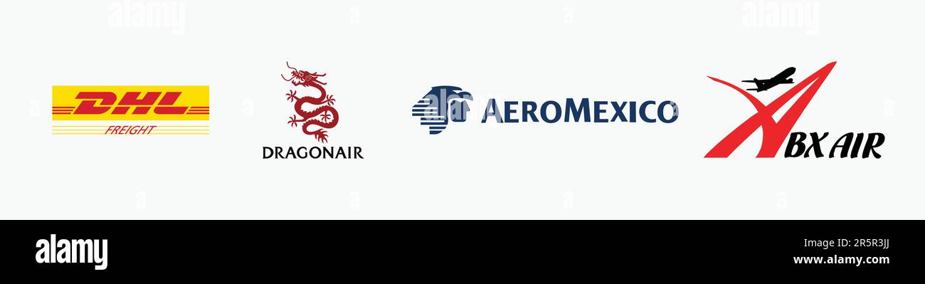 ABX AIR logo, DHL FREIGHT logo, DRAGONAIR Logo, AEROMEXICO Logo, Editorial vector logo on white paper. Stock Vector