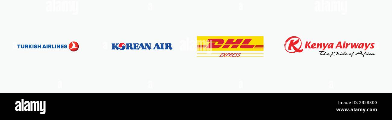 TURKISH AIRLINES logo, KOREAN AIR logo, DHL EXPRESS Logo, KENYA AIRWAYS Logo, Editorial vector logo on white paper. Stock Vector