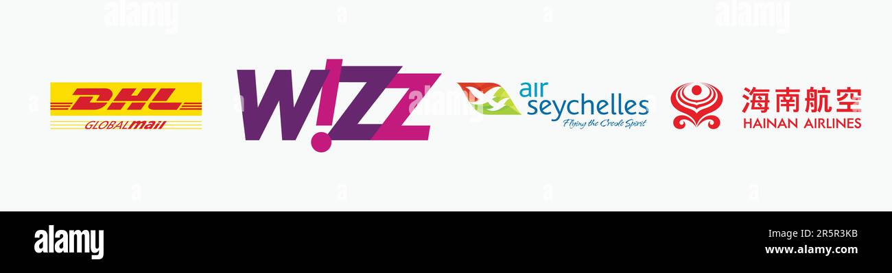 AIR SEYCHELLES logo, WIZZ AIR logo, DHL GLOBAL MAIL Logo, HAINAN AIRLINES Logo, Editorial vector logo on white paper. Stock Vector