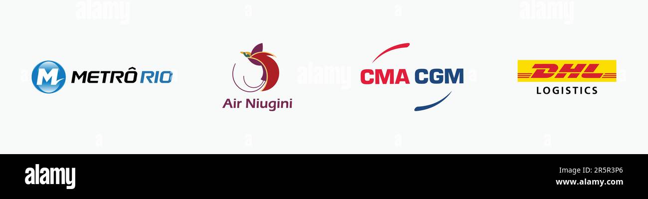 METRO RIO logo,AIR NIUGINI logo, DHL LOGISTICS Logo, CMA CGM Logo, Editorial vector logo on white paper. Stock Vector