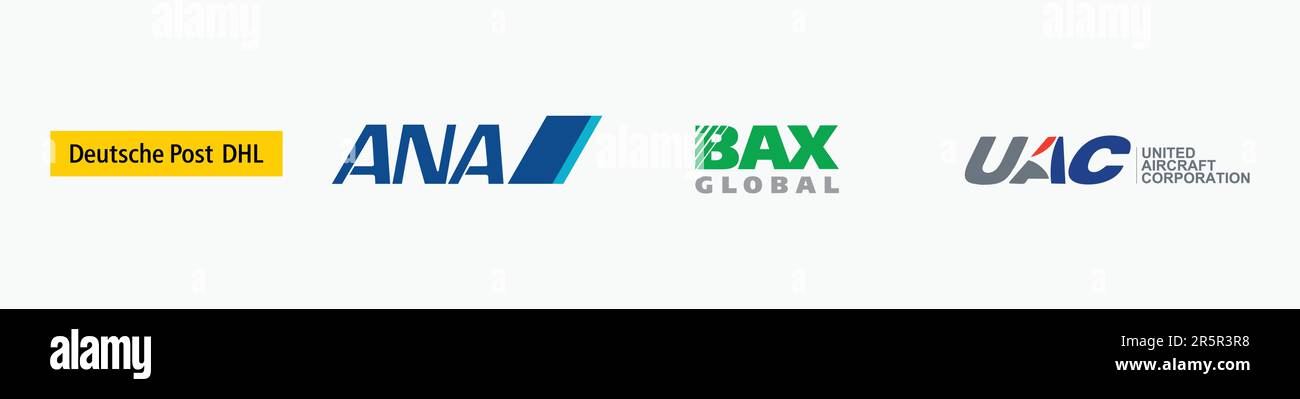 ALL NIPPON AIRWAYS logo, BAX GLOBAL logo, UNITED AIRCRAF CORPORATION Logo, DEUTSCHE POST DHL  Logo, Editorial vector logo on white paper. Stock Vector