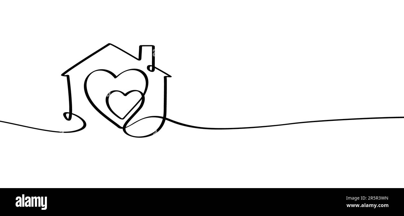 Cartoon love house line pattern. Home icon or symbol. One continuous line drawing. buildings or houses logo. Heart icon. Home sweet home Stock Photo