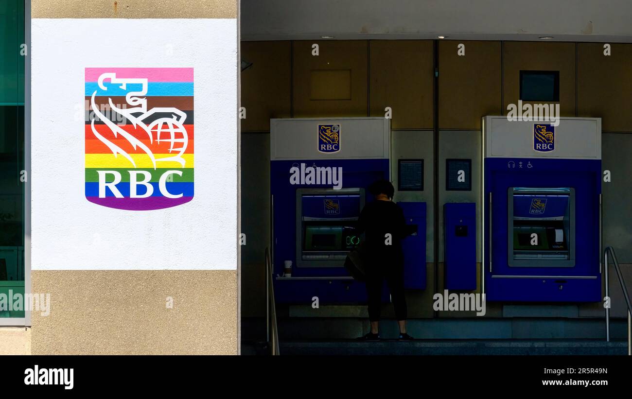 Toronto, Canada - June 4, 2023: A logo or symbol for Royal Bank of Canada or RBC in Pride rainbow colors. Traditionally, the city celebrates LGBTQIA c Stock Photo