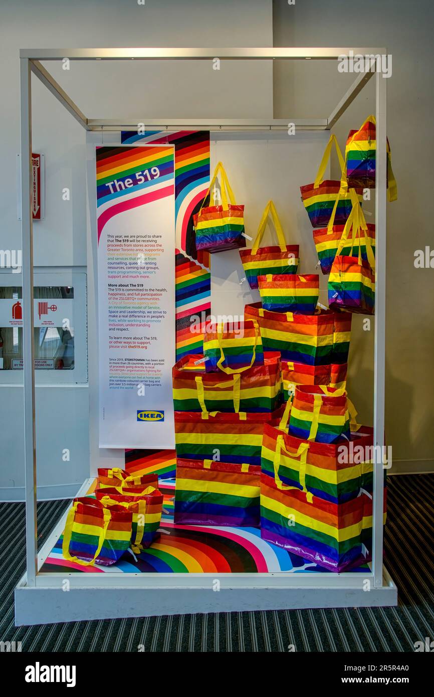 Toronto, Canada June 4, 2023 The entrance of an Ikea store decorated with multiple Pride