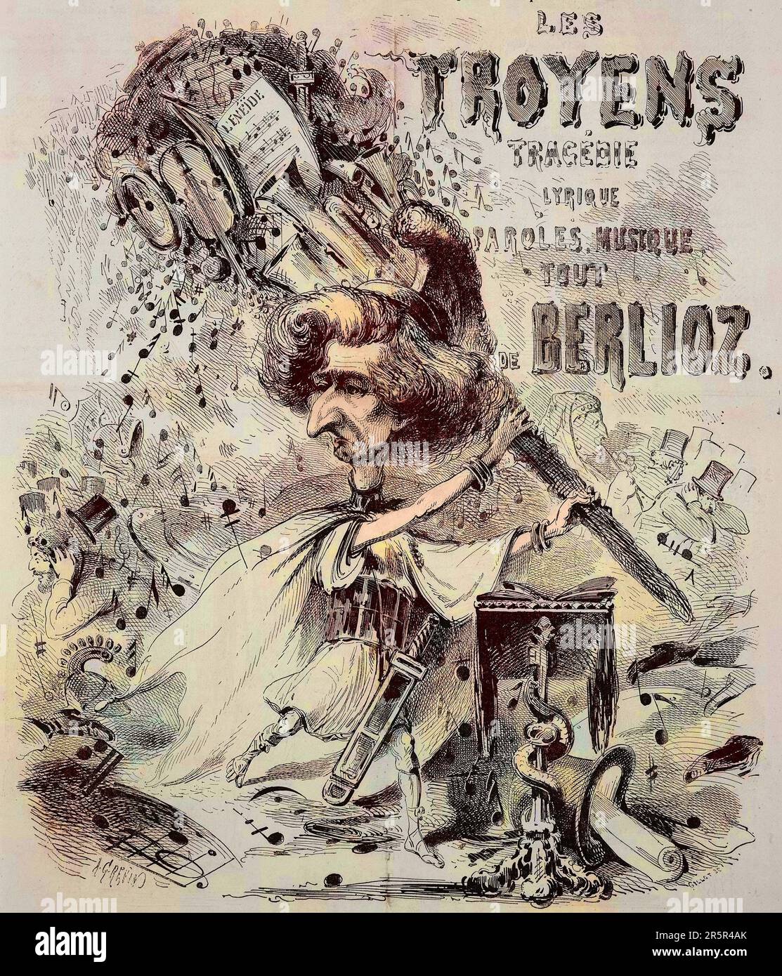 Hector Berlioz (1803-1869) compositeur francais - Caricature of Hector Berlioz  and the opera 'Les Troyens ' illustration by Alfred Grevin (1827-1892)  1863 Stock Photo