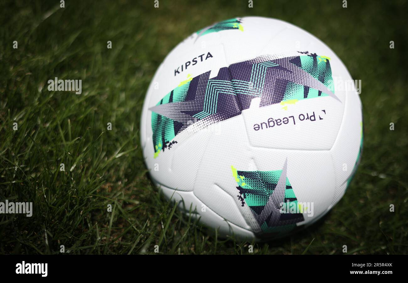 Illustration picture shows the new official match ball by the Pro League,  Decathlon and Kipsta, in Brussels, Monday 05 June 2023. From the 2023-2024  season, a new ball will be rolling onto