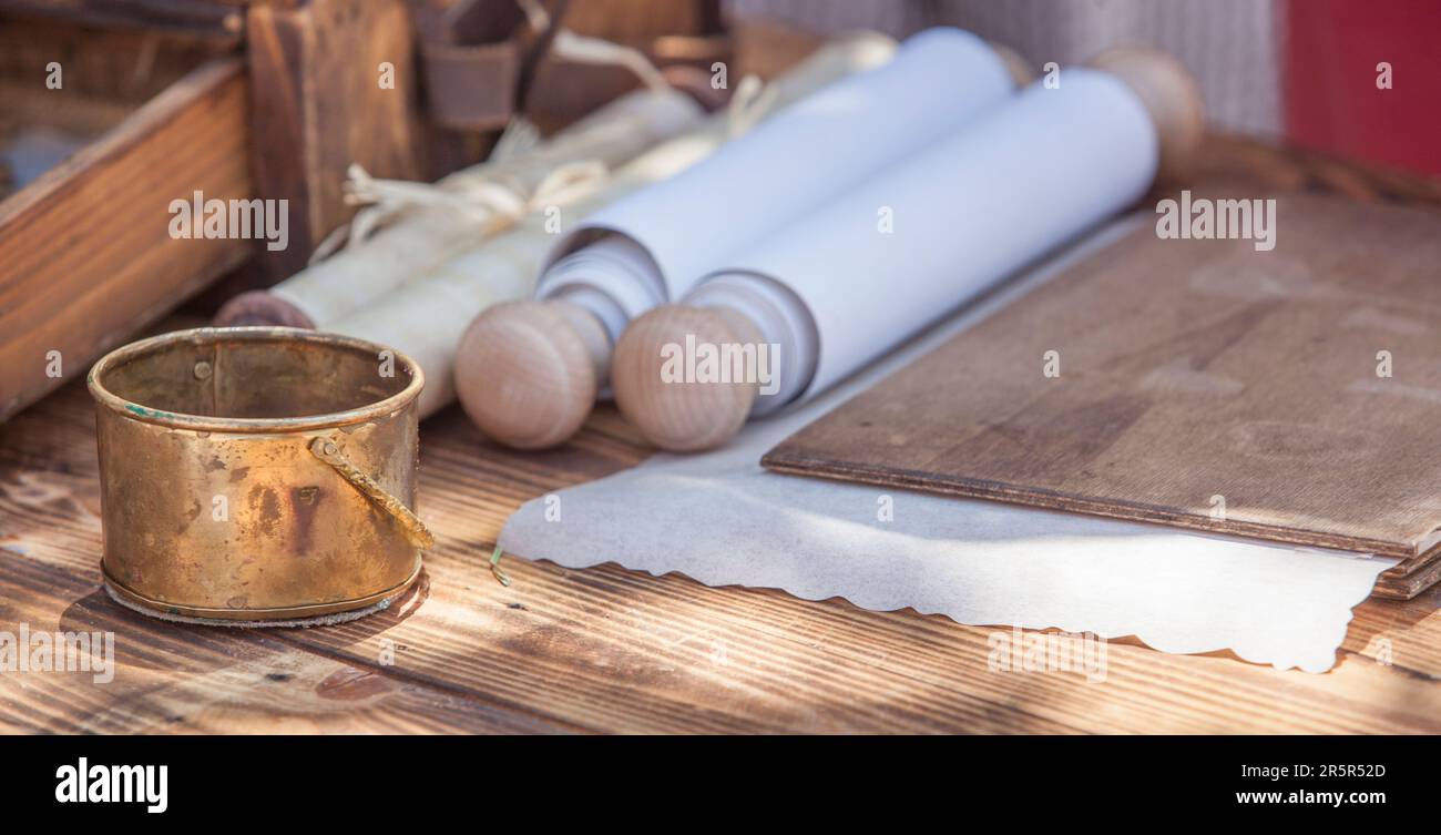 Ancient roman writing and documents management  implements. Military scribe table Stock Photo