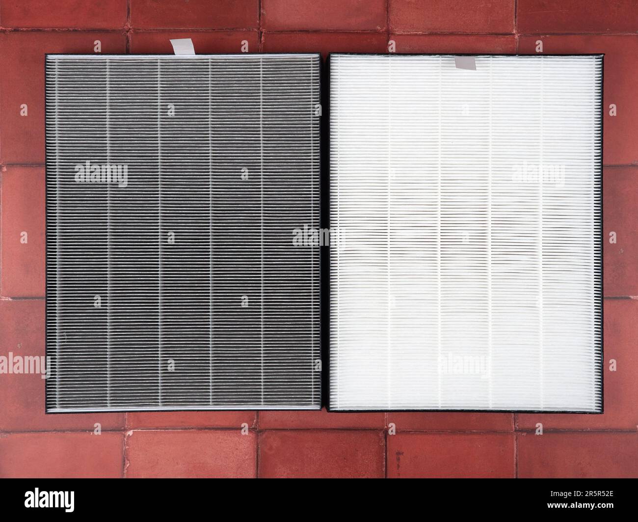 From clean to dirty: One year's worth of air pollution captured by purifier filters Stock Photo