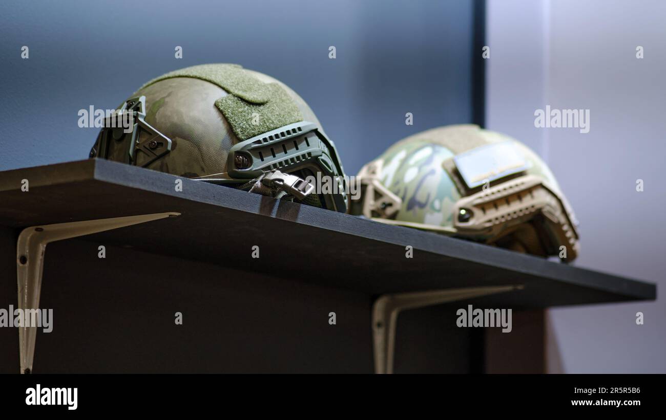 At the army clothing store, the helmet that comes with the soldier's