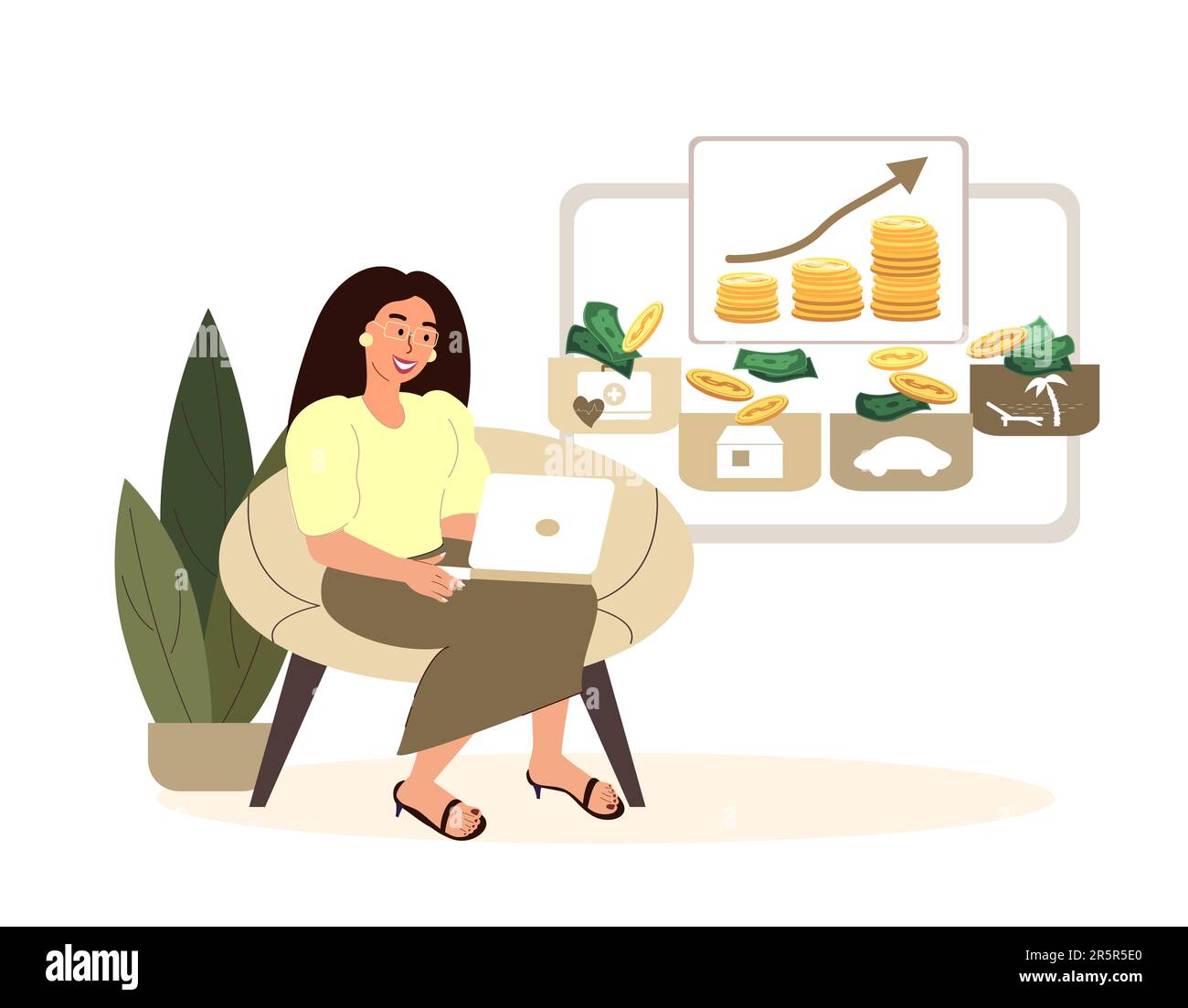 Woman learning online how to deal with money.Financial concept of budget planning,diversification,money expenses distribution.Savings,personal finance Stock Photo