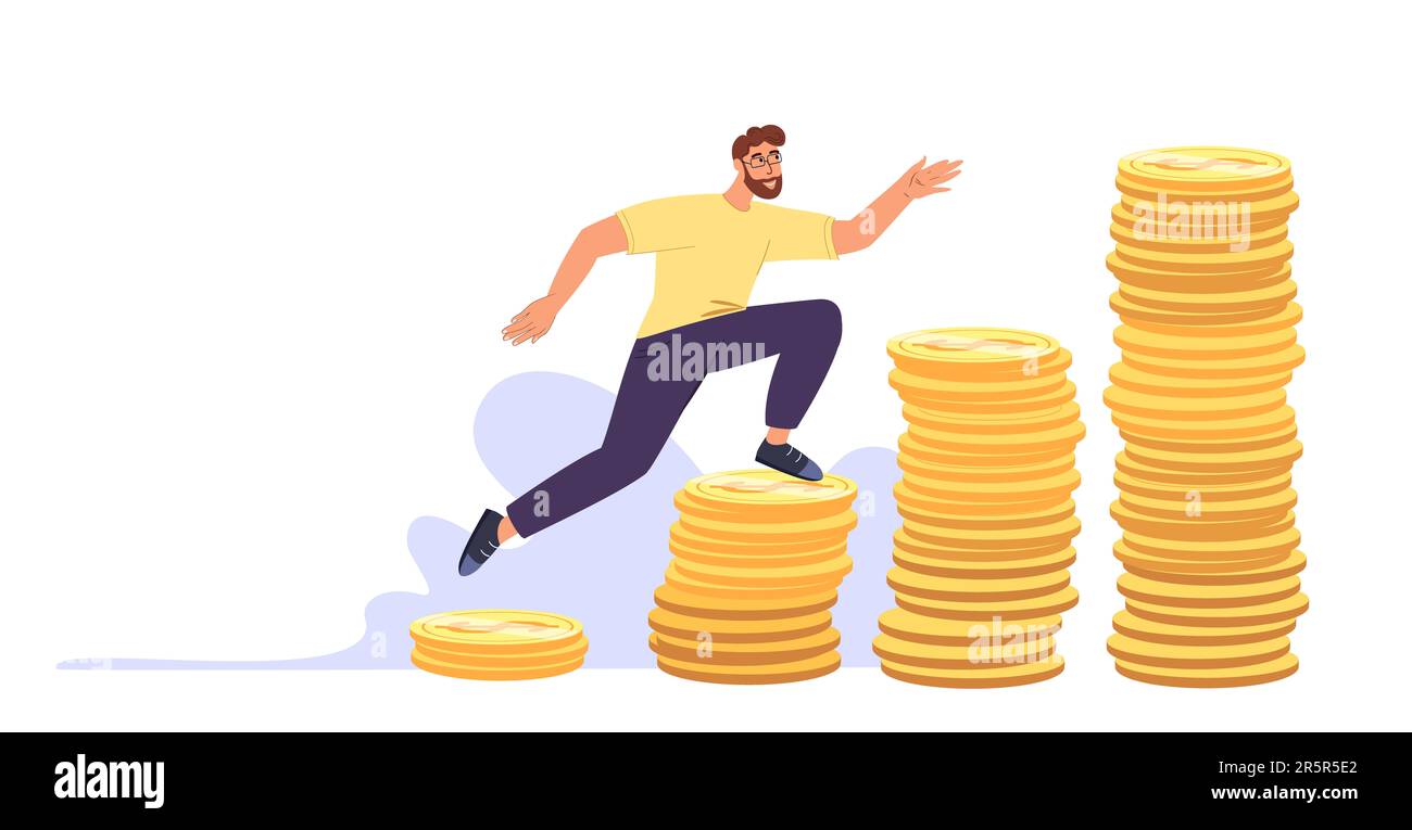 Man chasing for big money.Salary,income growth,promotion at work.Employee growing from low to high financial level,becoming rich.People and money.Flat Stock Photo