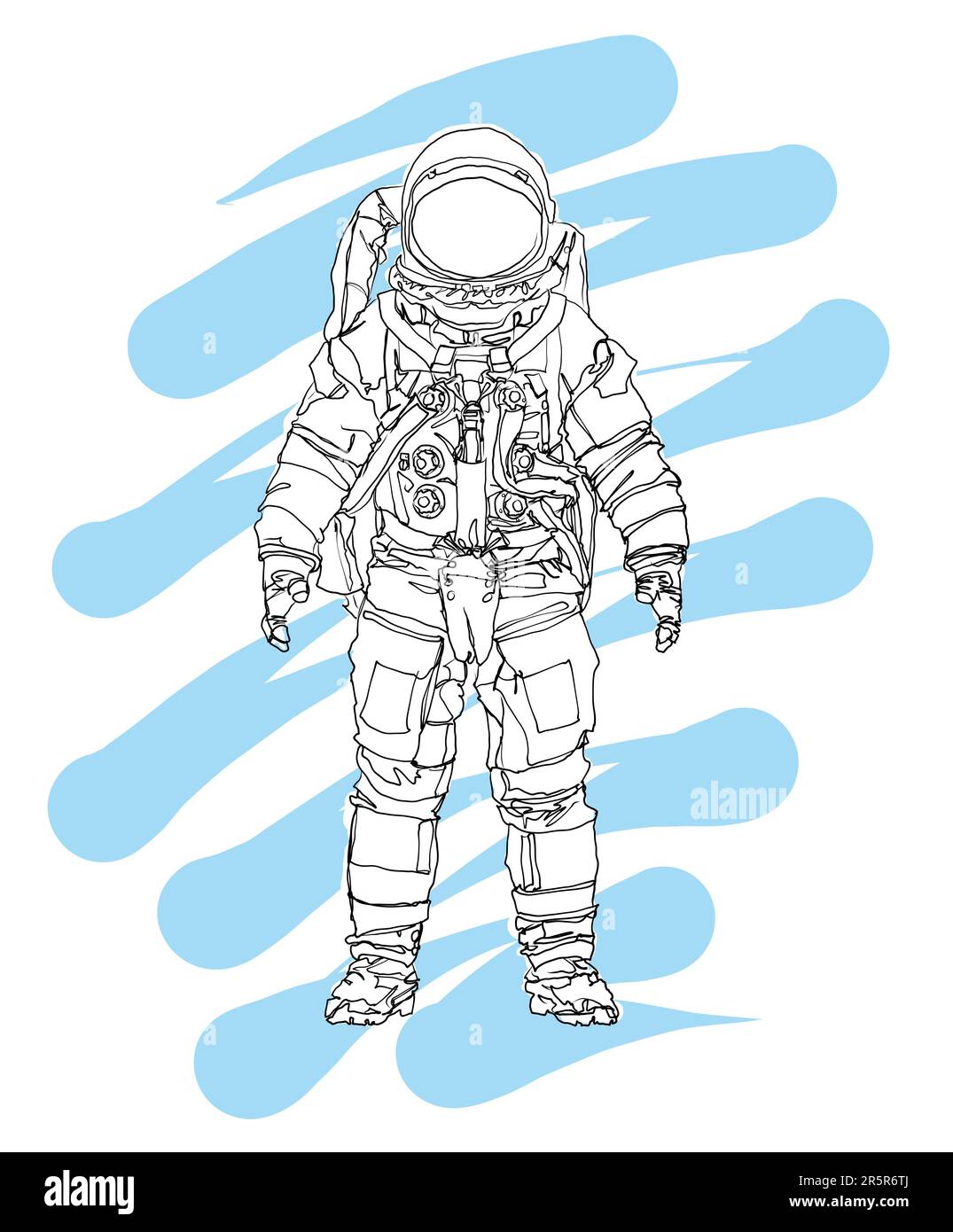 Astronaut Line Drawing Spaceman Hand Drawn Blue Splash Graphic Retro Illustration Overlay Layer Illustration Stock Photo