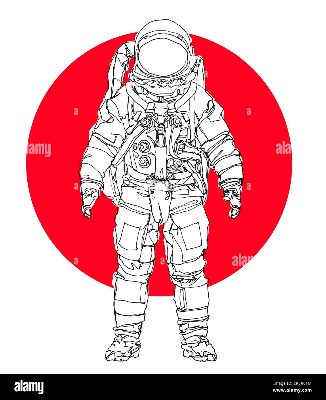 Astronaut Line Drawing Spaceman Hand Drawn Red Sun Graphic Retro Illustration Overlay Layer Illustration Stock Photo