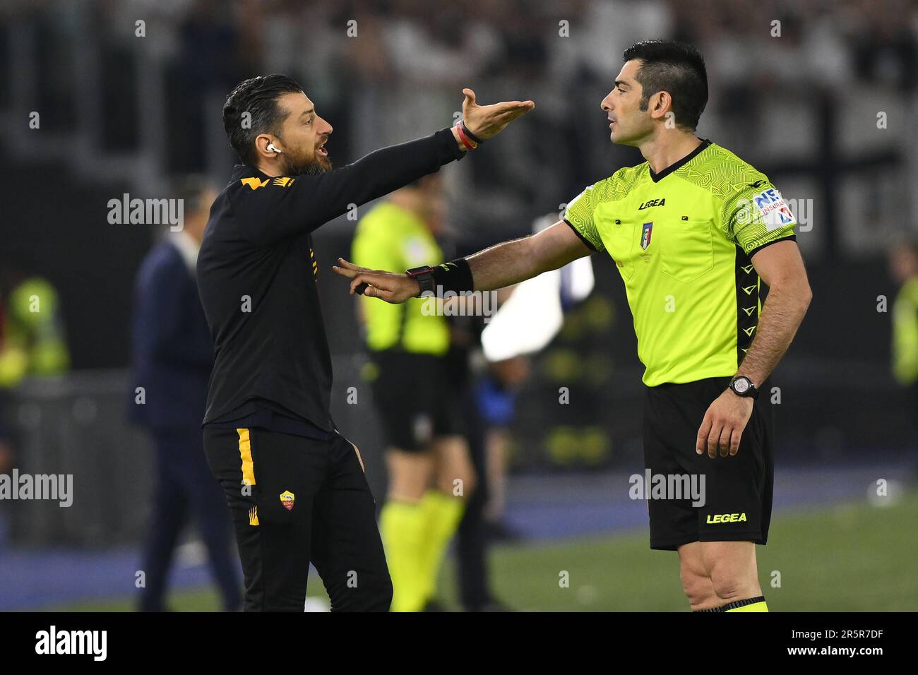 June 4, 2023, Rome, Italy: Michele Salzarulo of A.S. Roma and Referee Fabio  Maresca during the 38th day of the Serie A Championship between A.S. Roma  vs A.C. Spezia on June 4