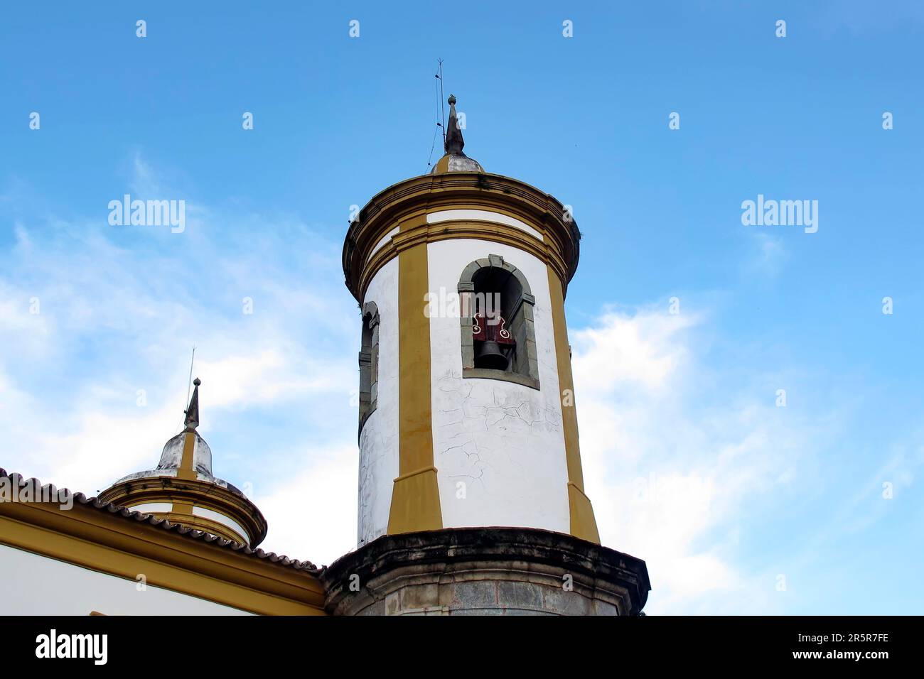 Oliveira, Minas Gerais, Brazil - February 24, 2023: detail of the church tower our lady of Oliveira, in the city of Oliveira, Minas Gerais Stock Photo