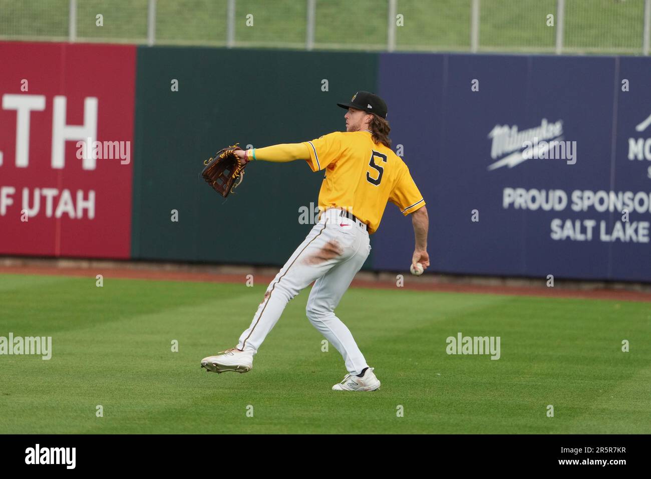 June 3 2023: Salt Lake right fielder Brett Phillips (5) takes a walk during  the game with Albuquerque Isotopes and Salt Lake Bees held at Smiths Field  in Salt Lake Ut. David