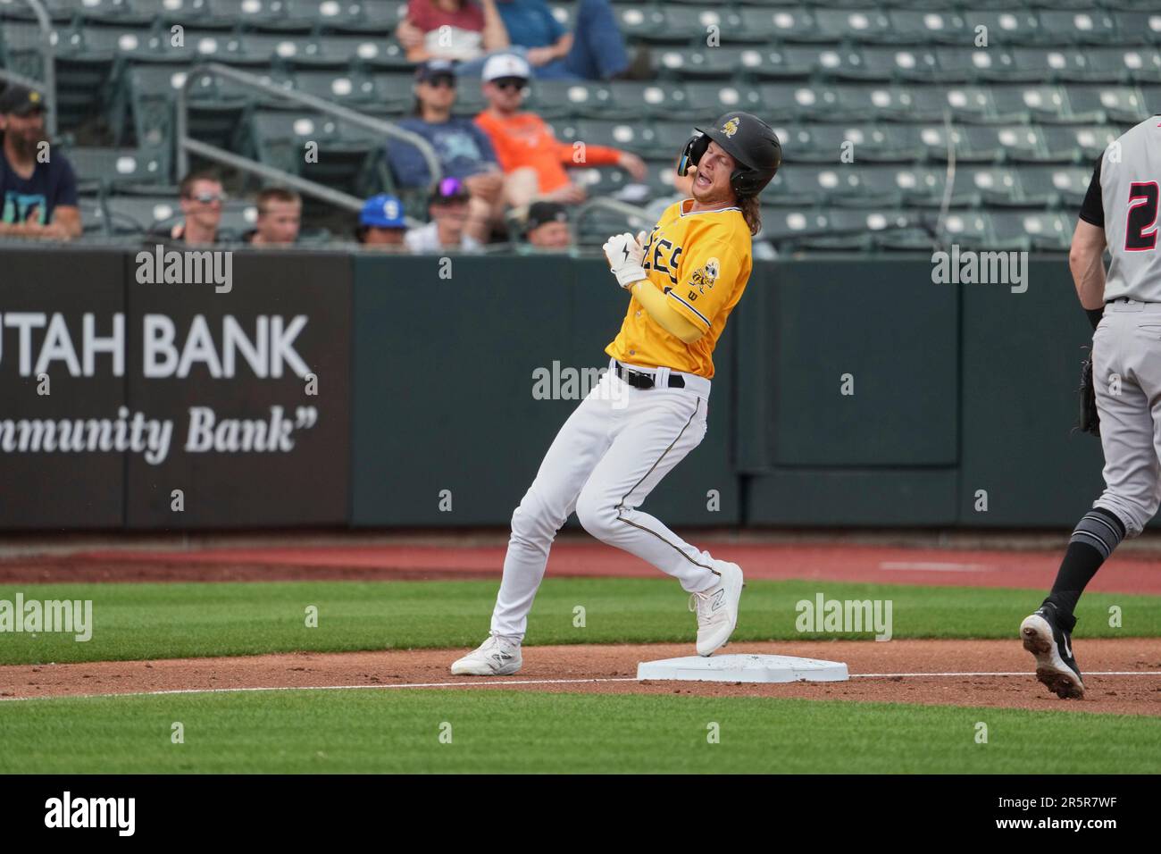 June 3 2023: Salt Lake right fielder Brett Phillips (5) takes a walk during  the game with Albuquerque Isotopes and Salt Lake Bees held at Smiths Field  in Salt Lake Ut. David