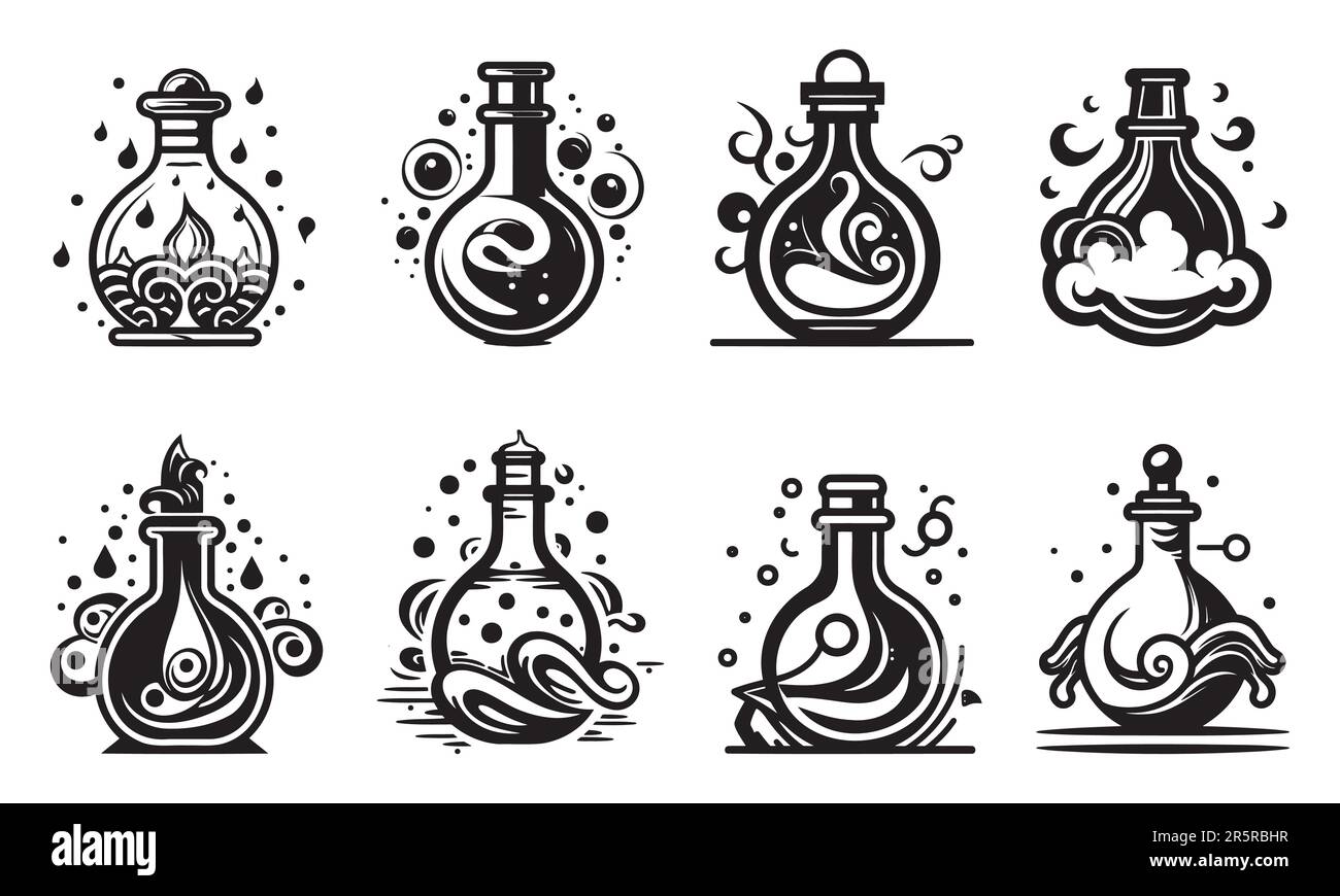 Silhouette of a bottle with a collection of magic elixir or poison. Mystical jar vector illustration. Stock Vector
