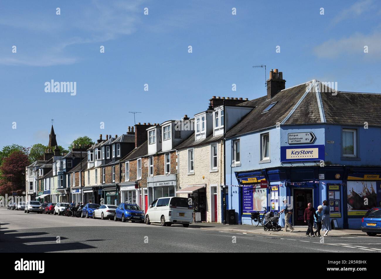 Town centre of St Mary Street and corner with Bridge Street, Kirkcudbright, Dumfries and Galloway, Scotland, UK Stock Photo