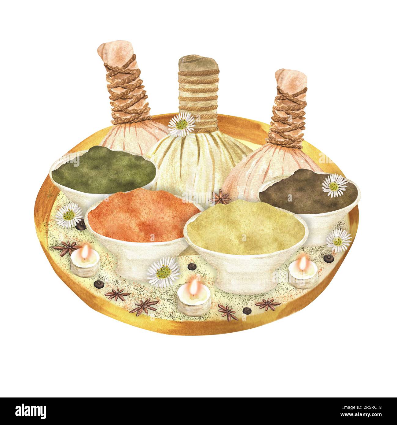Hand drawn watercolor illustration. Ayurveda treatment. Herbal balls for massage on the tray with candles and spices. Stock Photo
