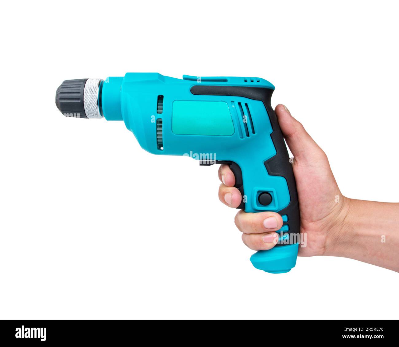Hand holds cordless electric screwdriver with bit for screws isolated