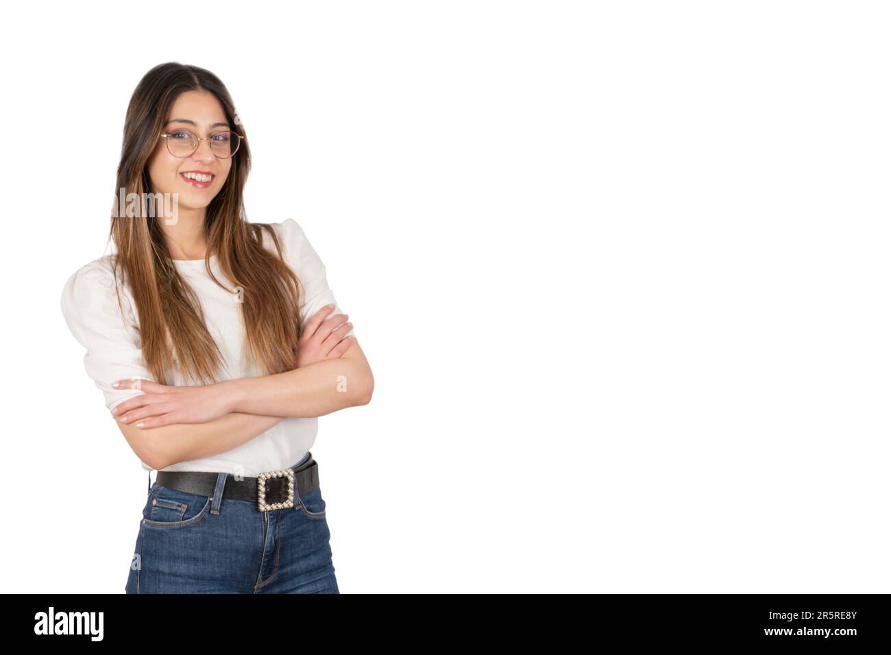 Confident woman, portrait of caucasian brunette confident woman. Lifestyle, emotions and casual young girl concept idea image. Smiling, arms crossed. Stock Photo