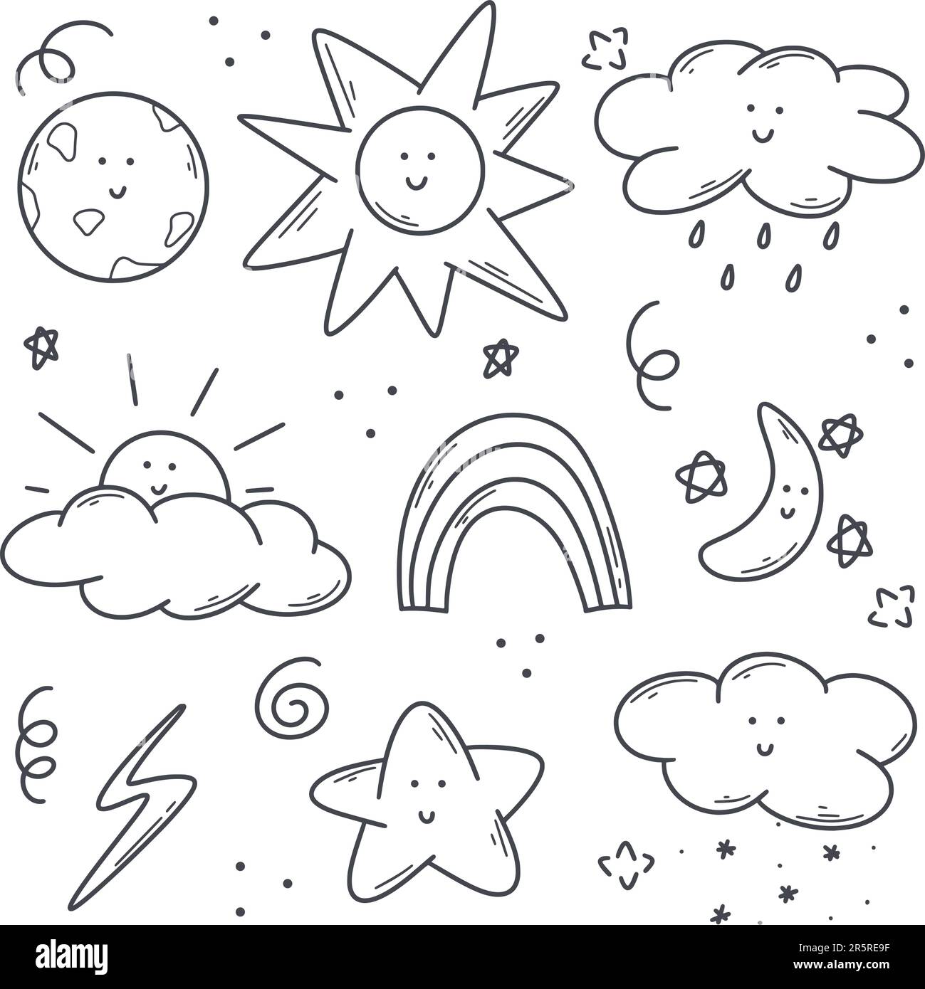 Hand drawn cute weather set. Sketch illustration of natural phenomena ...