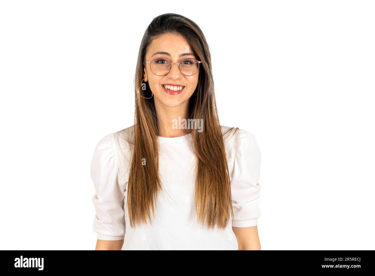 Successful businesswoman, portrait of brunette young beautiful successful businesswoman. Positive smiling at camera, standing over isolated white. Stock Photo