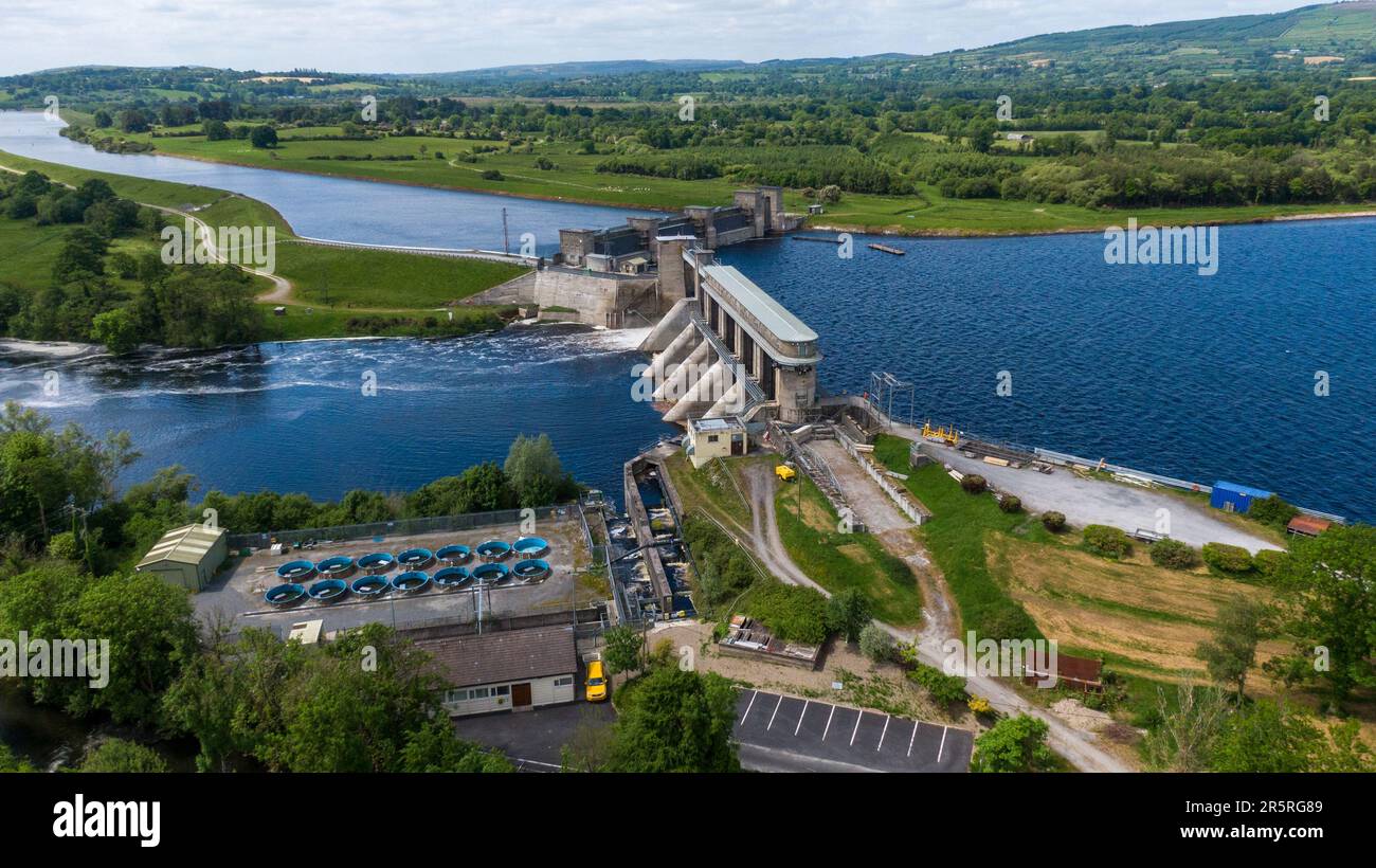 O'Brien's Bridge water dam, Clare Ireland -May,28, 2022,Parteen Weir in the headrace canal to Ardnacrusha Power Station Stock Photo