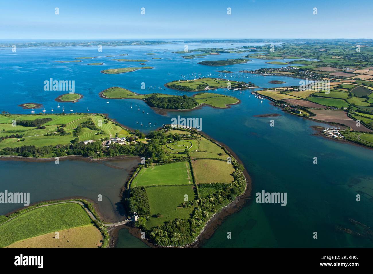 Aerial view of Nendrum Monastery on Mahee Island Strangford Lough looking South to Whiterock, County Down, Northern Ireland Stock Photo