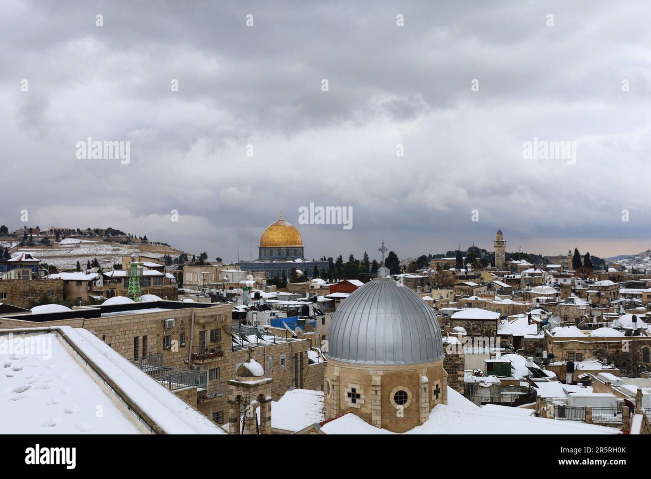 An aerial view of the ancient city of Jerusalem on a wintry day, with ...