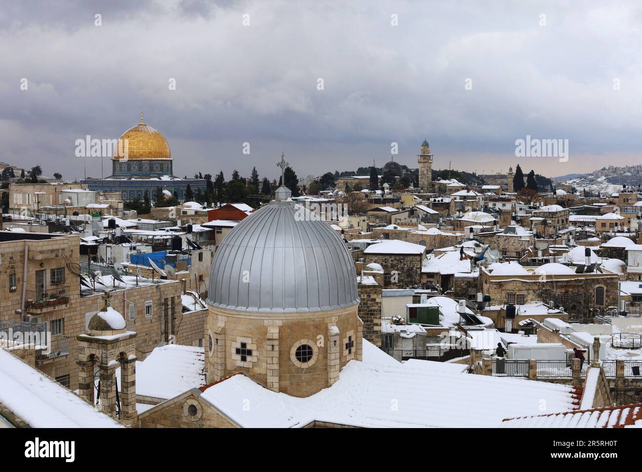 An aerial view of the ancient city of Jerusalem on a wintry day, with ...