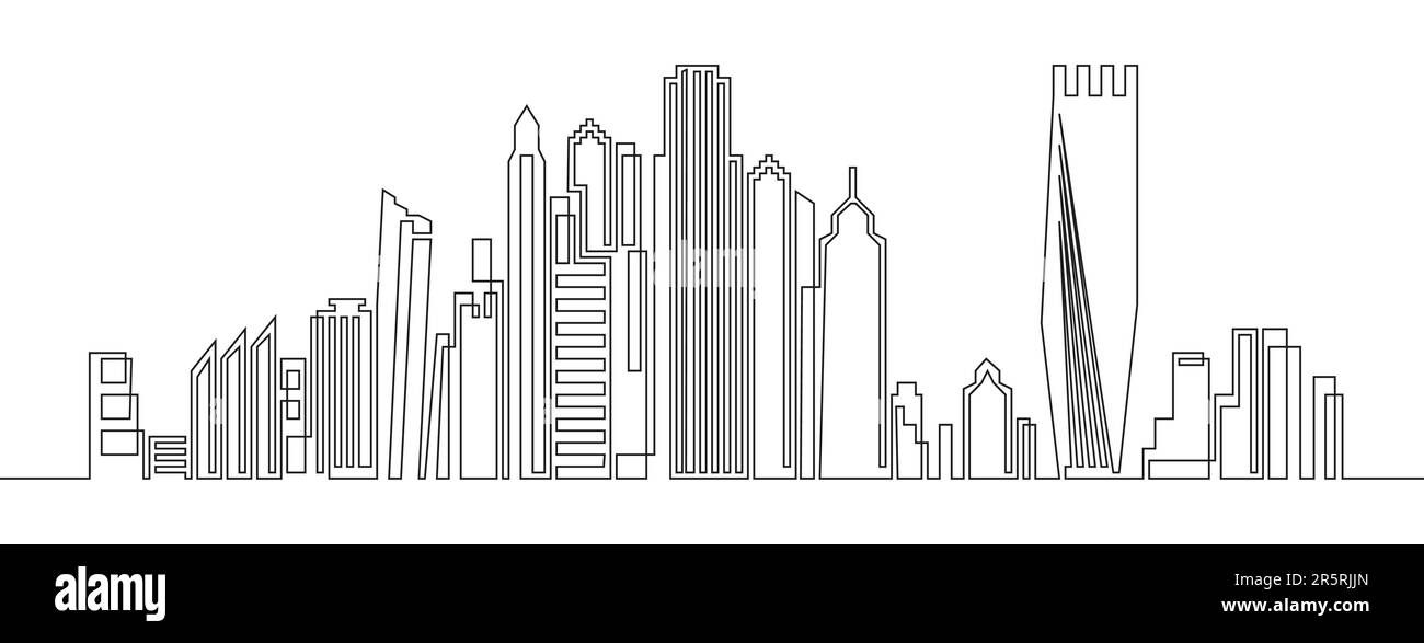 Cityscape continuous one line vector. Linear, hand drawing of houses ...