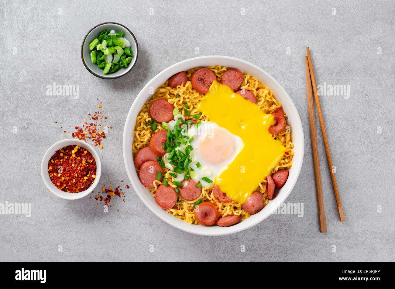 Ramen Noodles with Sausages, Egg, Melted Cheese and Scallion, Microwave