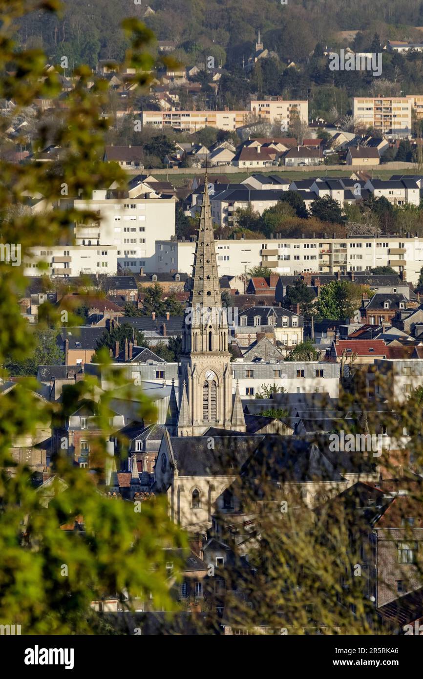 France, Seine-Maritime, Elbeuf-sur-Seine, designated as French Towns and Lands of Art and History, elevated view of the Immaculée-Conception church Stock Photo