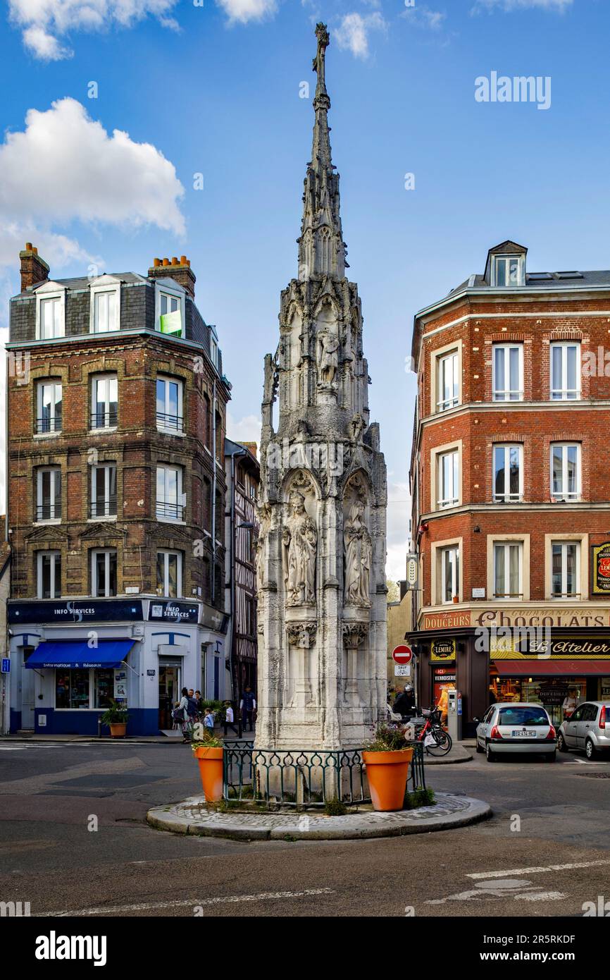France, Seine-Maritime, Rouen, neo-gothic replica of the Croix de Pierre Fountain, in the center of the Croix de Pierre (Stone Cross) popular district Stock Photo