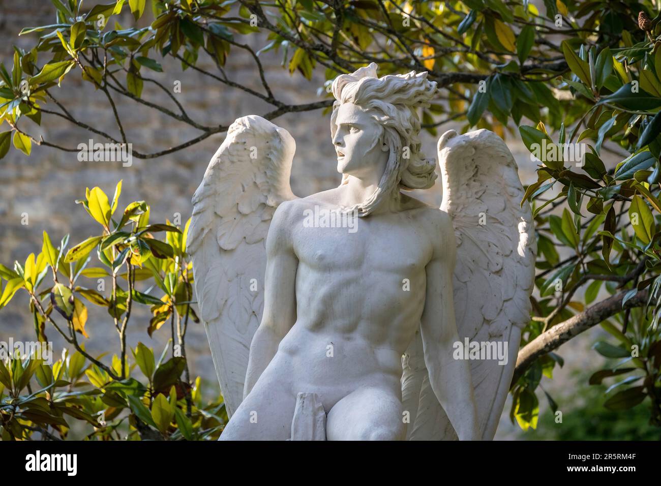 France, Indre et Loire, Loire valley listed as World Heritage by UNESCO, Montrésor, labeled The Most Beautiful Villages of France, the castle, in the castle park, the fallen angel statue (1869) by the sculptor Constantin Corti Stock Photo