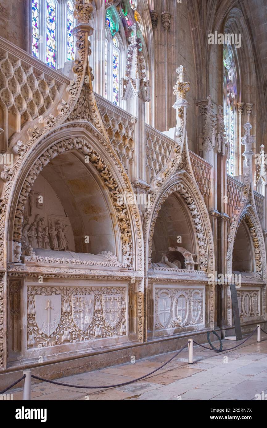 Portugal, Central region, Batalha, Monastery of Batalha or Monastery of Santa Maria da Vitoria built between 1385 and 1388, a UNESCO World Heritage site, chapel of the founder, tombs of King Dom Joao I, Queen Filipa of Lencastre, their sons and others kings Stock Photo