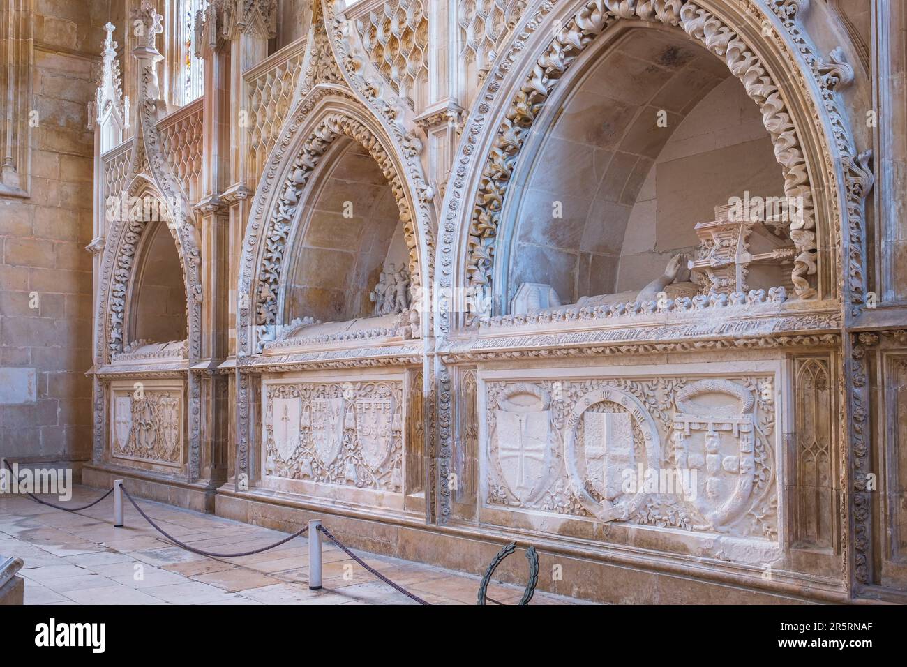 Portugal, Central region, Batalha, Monastery of Batalha or Monastery of Santa Maria da Vitoria built between 1385 and 1388, a UNESCO World Heritage site, chapel of the founder, tombs of King Dom Joao I, Queen Filipa of Lencastre, their sons and others kings Stock Photo