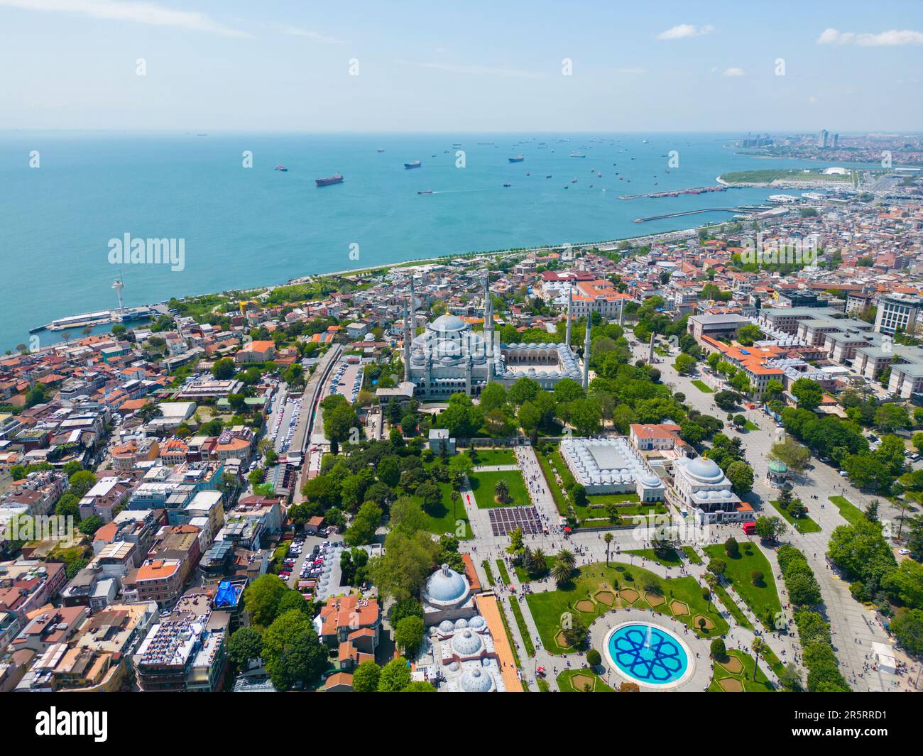 Blue Mosque Sultan Ahmet Camii aerial view with Sea of Marmara in ...