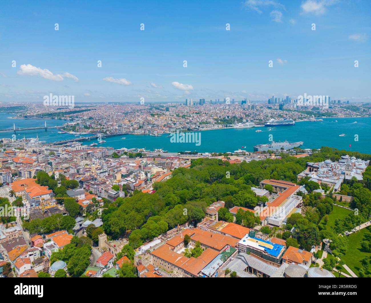 Topkapi Palace aerial view in Sultanahmet with Golden Horn and Beyoglu district at back in historic city of Istanbul, Turkey. Historic Areas of Istanb Stock Photo