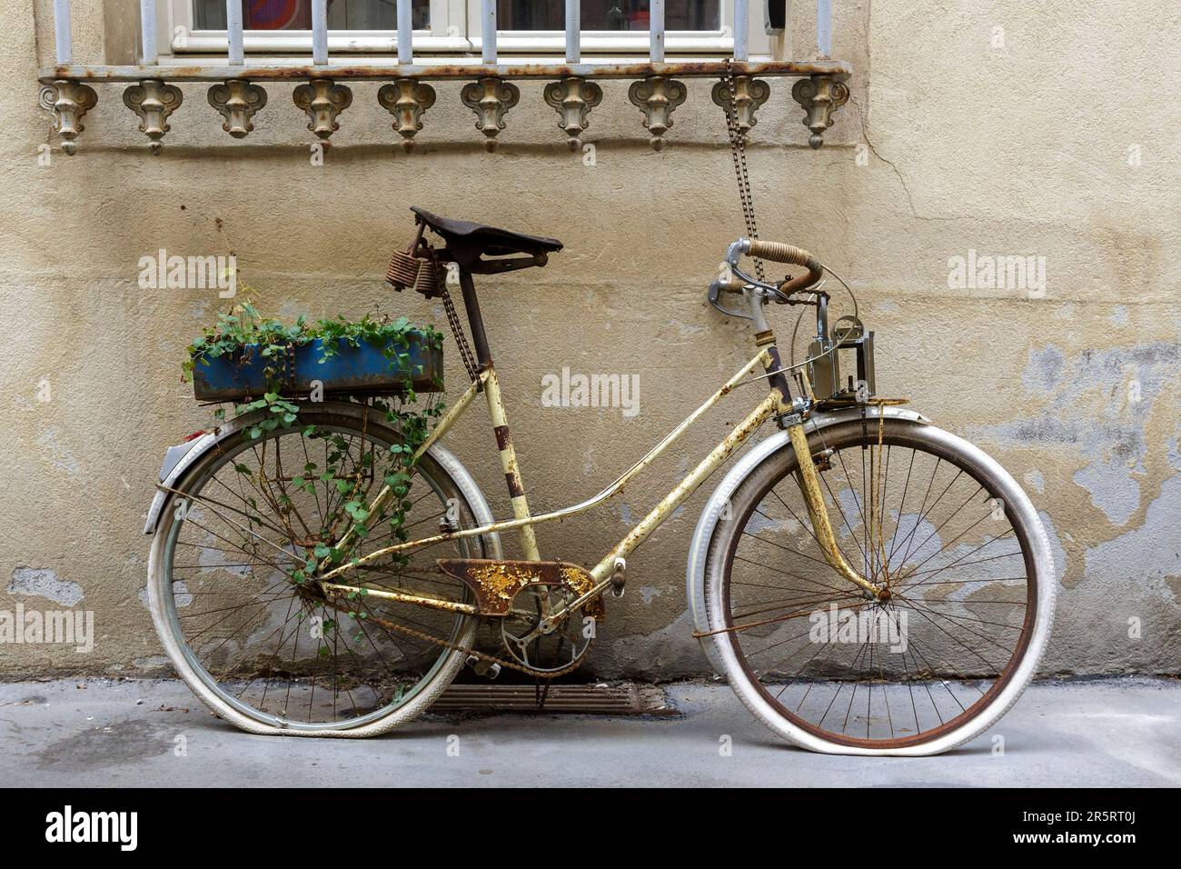 France, Meurthe et Moselle, Nancy, bicycle against the facade of the premises of the Association Dynamo which fix, collect and sell bicycles located at the corner of Grand Rue and Rue du Duc Antoine Stock Photo